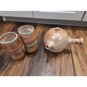 Studio Pottery Kyusu Tea Pot & 4 Yunomi Cups Hand Thrown Signed Stoneware Set